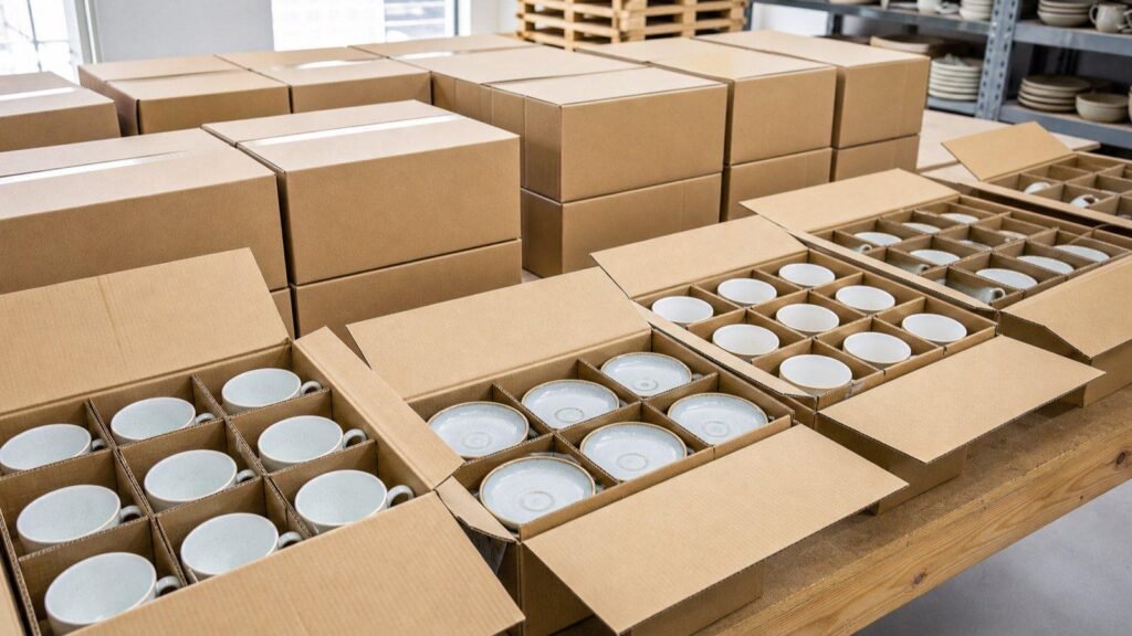 ceramic cups and saucers packed in labeled cartons for wholesale delivery