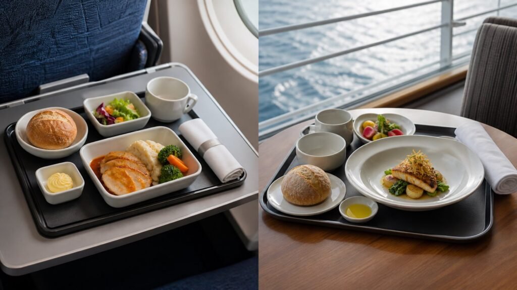 airline and cruise catering ceramic tableware arranged on compact service trays