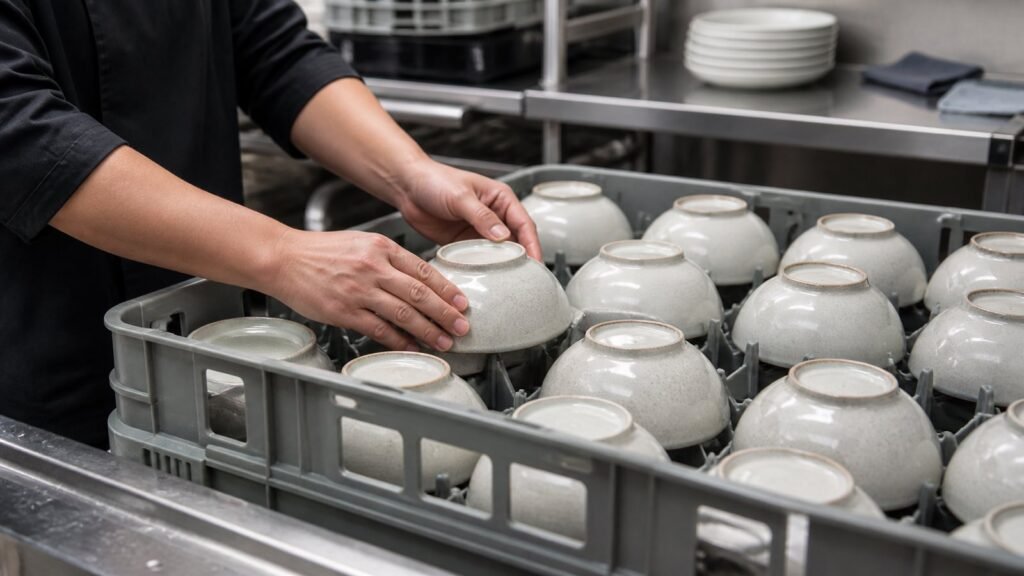 catering staff hands checking ceramic bowl stability in a dishwashing rack