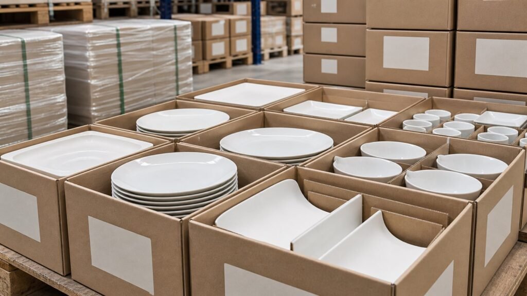 labeled cartons and stacked ceramic dinnerware prepared for catering supply