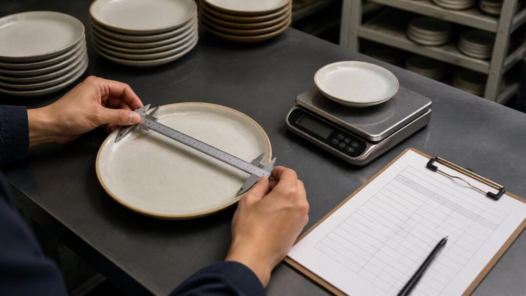 buyer measuring high quality ceramic tableware samples with specification sheet