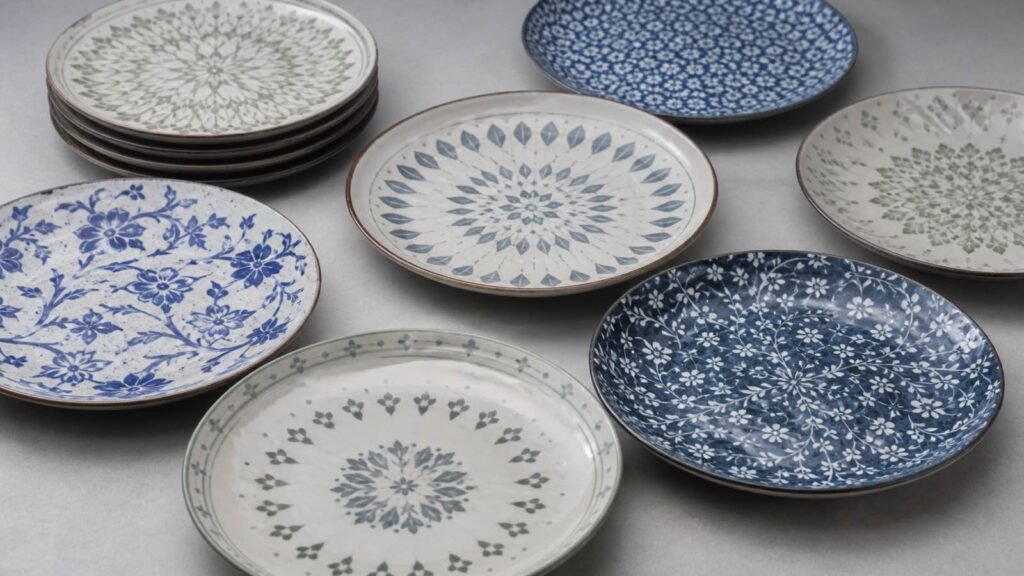 ceramic plates under neutral light for glaze color and decoration inspection