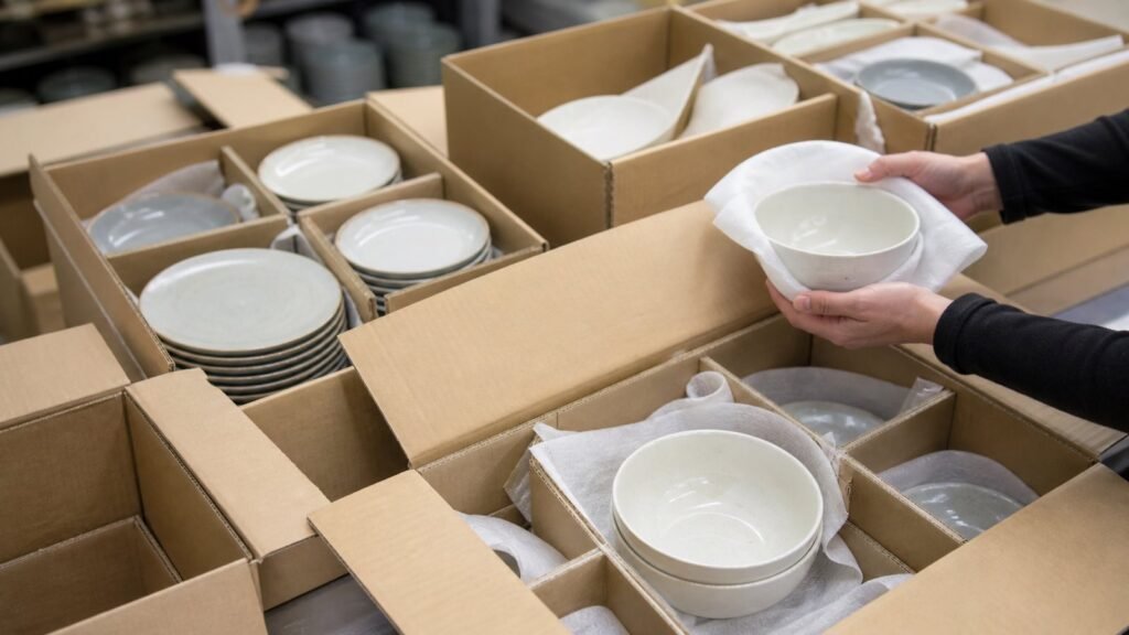 protected ceramic dinnerware stacks inside labeled wholesale shipping cartons