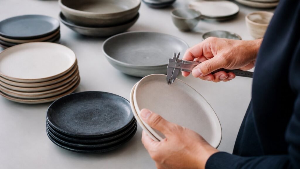 wholesale buyer weighing ceramic plates and measuring rim thickness