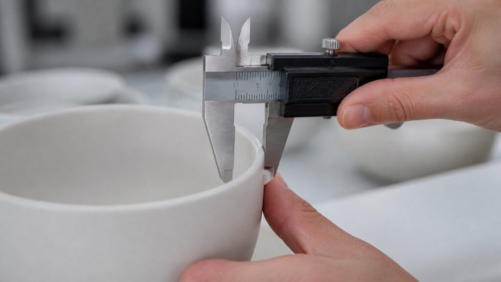 caliper checking ceramic bowl wall thickness at defined measurement points