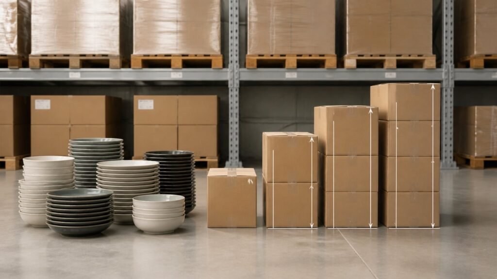 stacks of ceramic dinnerware beside measured export cartons in warehouse setting
