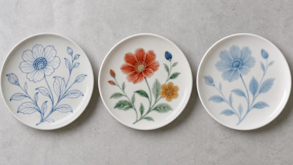 three ceramic plates showing underglaze overglaze and inglaze decoration styles