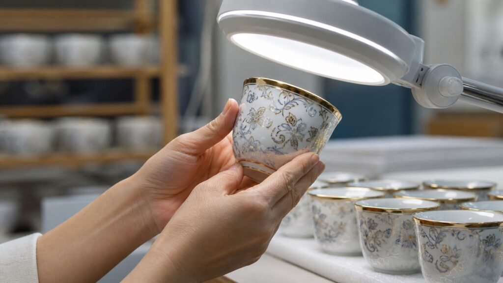 buyer inspecting detailed overglaze motifs and metallic accents on ceramic cups