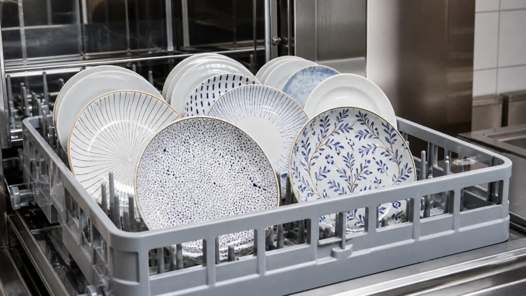 decorated ceramic plates in a commercial dishwasher durability evaluation