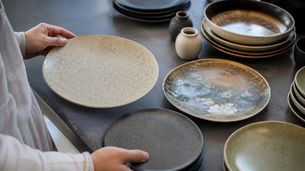retail buyer comparing matte speckled and reactive earth tone ceramic glazes