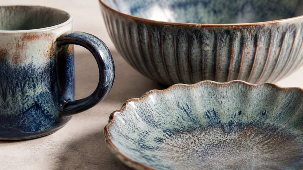 close view of textured ceramic glazes and camera friendly tableware shapes