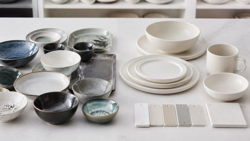 stock ceramic tableware and made to order products side by side