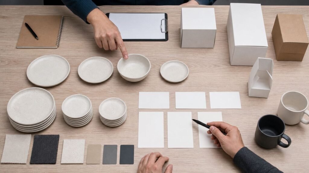 buyer comparing ceramic tableware timelines quantities and customization options