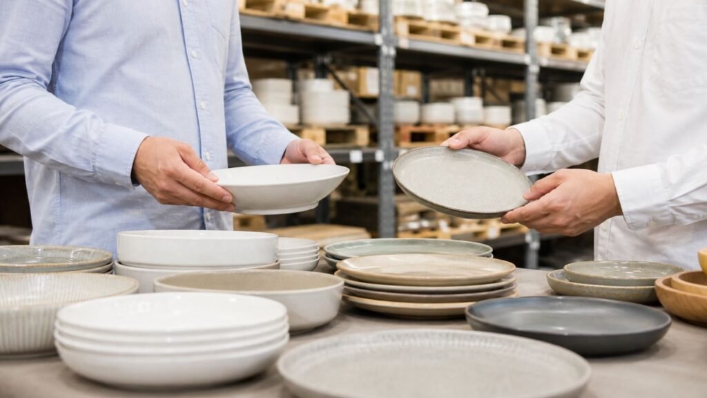 stock ceramic supplier reviewing ready tableware for a faster sourcing timeline