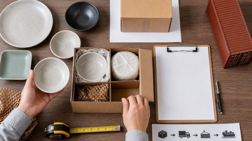 ceramic tableware buyer checking samples packing and freight milestones