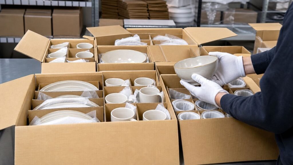 ready stock ceramic tableware cartons organized for inspection and shipment