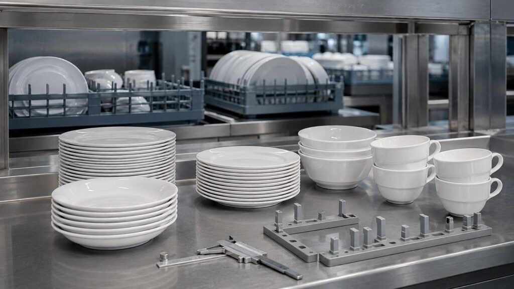 buyer checking stackability and dimensions of cruise ship ceramic tableware