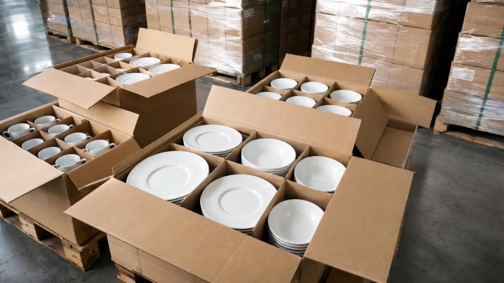 protected ceramic tableware cartons prepared for cruise supply logistics
