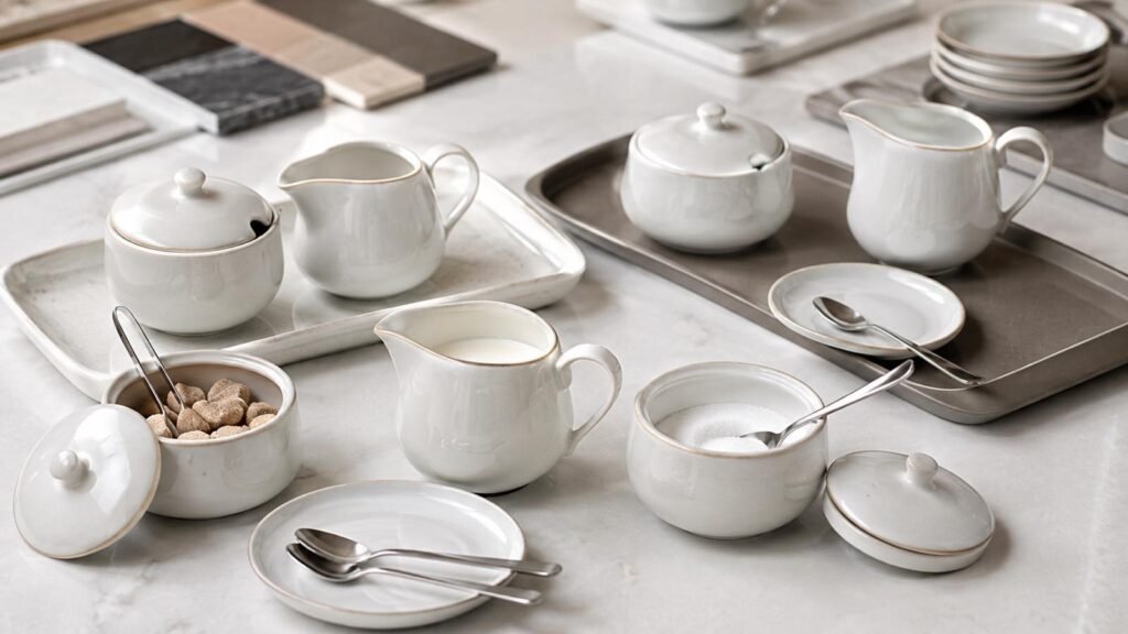 buyer measuring and comparing ceramic creamer and sugar bowl capacities