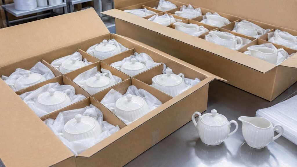 ceramic sugar bowls and creamers protected in divided wholesale cartons