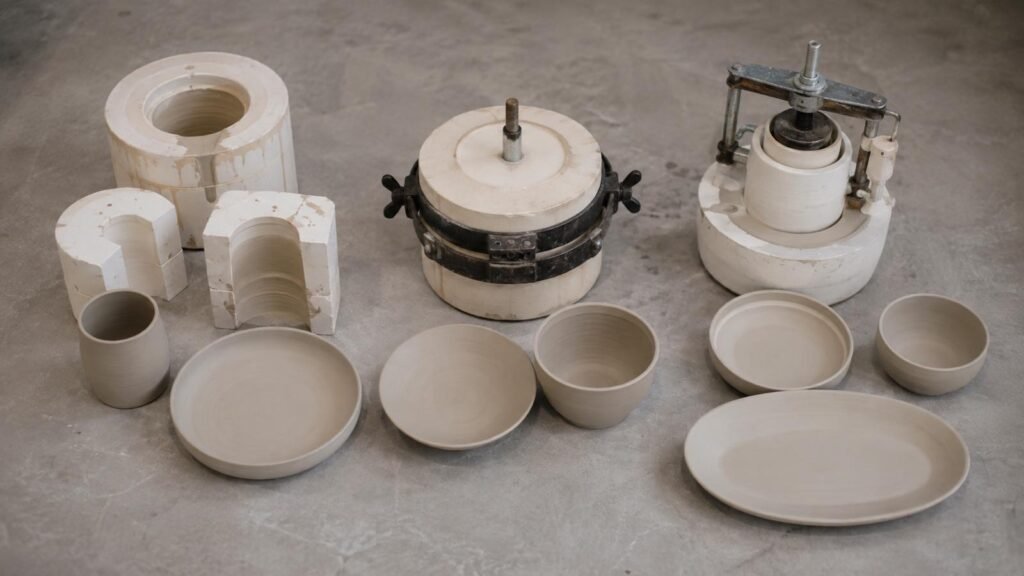 ceramic forming routes with unfinished cups plates and serving pieces