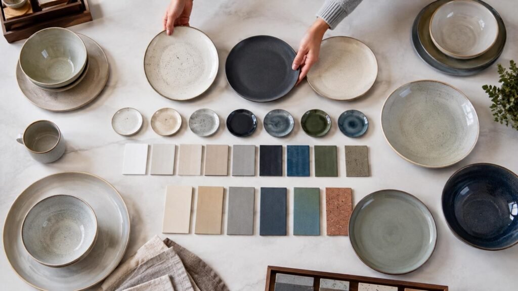 retailer arranging ceramic glaze samples into core and accent color groups