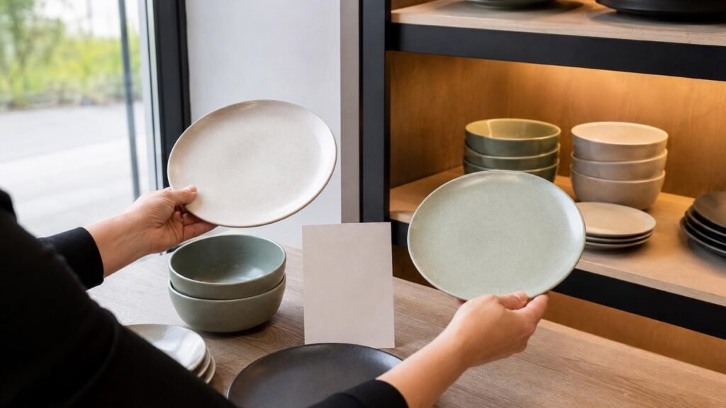 ceramic tableware colors compared under retail shelf light and daylight