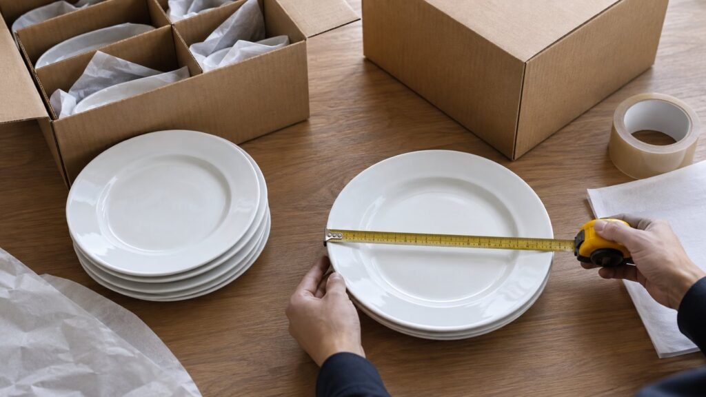 White ceramic plates beside export cartons prepared for an import cost review