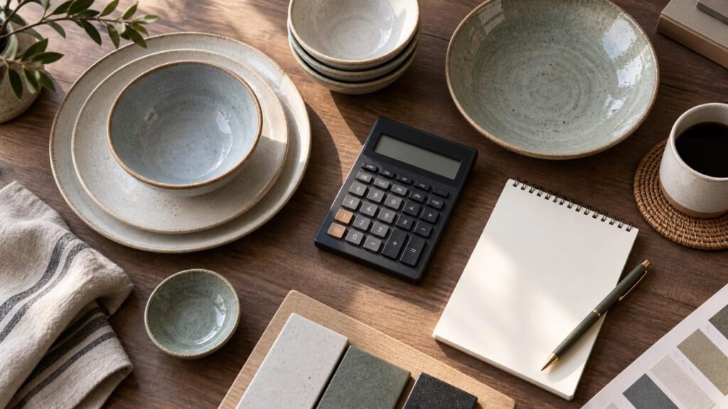 Ceramic bowls and plates arranged beside a calculator for landed cost planning