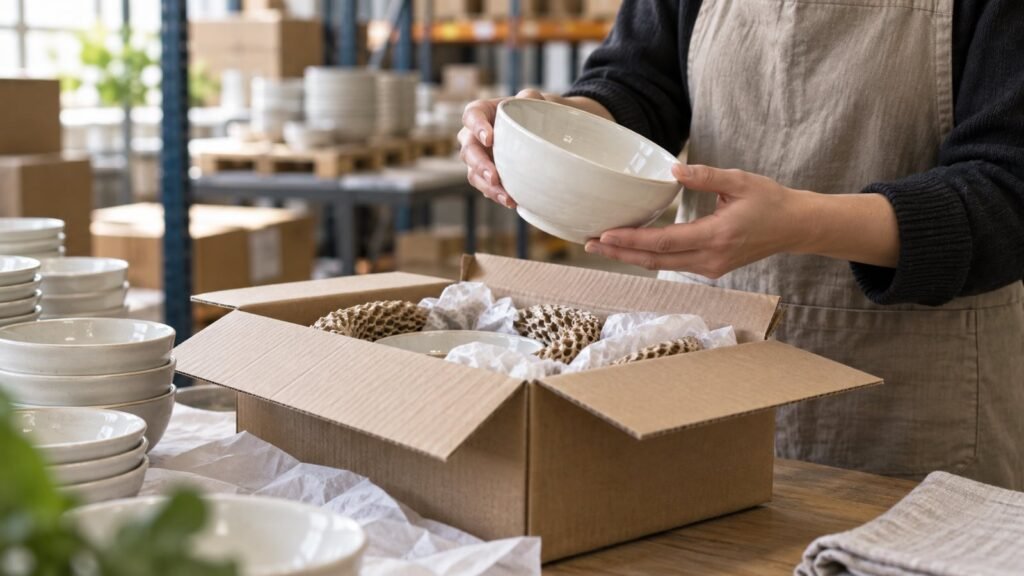 Packed ceramic tableware inspected at a warehouse receiving bench without visible faces