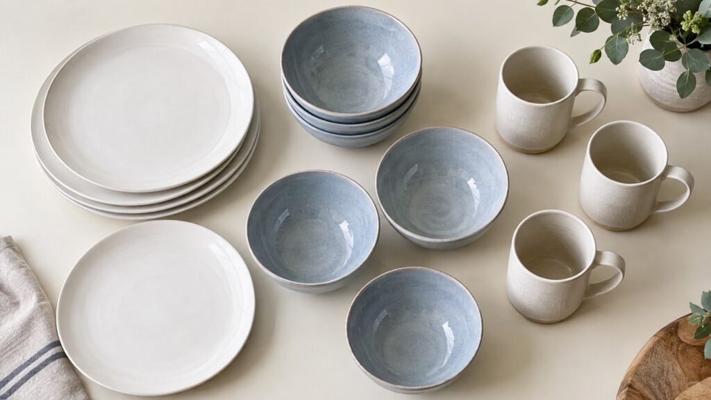 Ceramic plates bowls and cups grouped into a small wholesale trial assortment