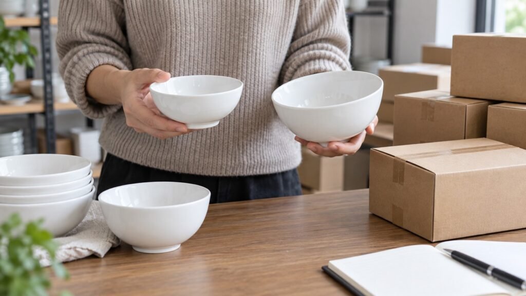 Hands comparing white ceramic samples and packed cartons for a wholesale reorder