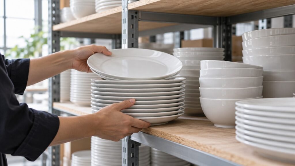 Ceramic plates and bowls counted on orderly warehouse shelves before peak season