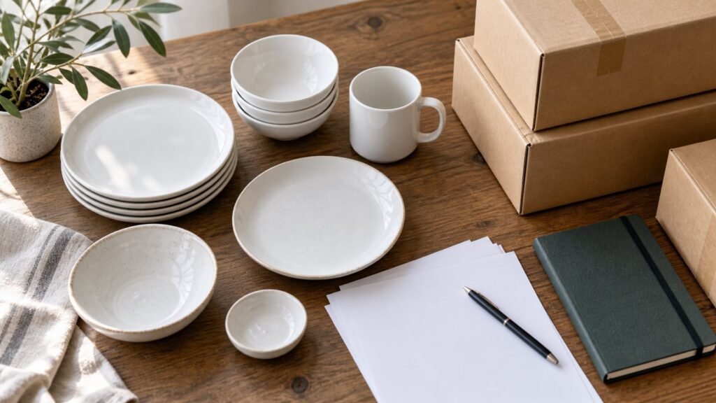 Ceramic tableware samples beside plain cartons at a shipment planning desk