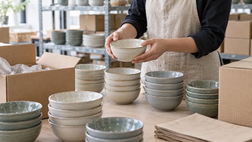 Hands checking ceramic bowl quantities at a warehouse packing and allocation bench