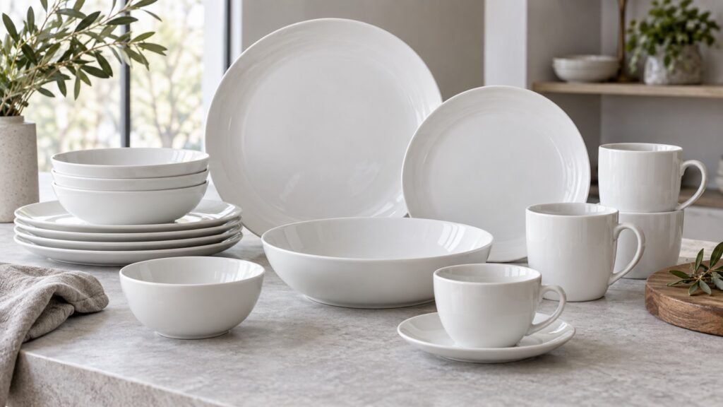Ceramic plates bowls and cups displayed as a balanced global wholesale product portfolio