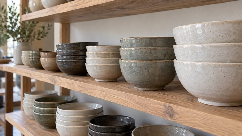 Ceramic bowls grouped by size on shelves for a wholesale demand allocation review