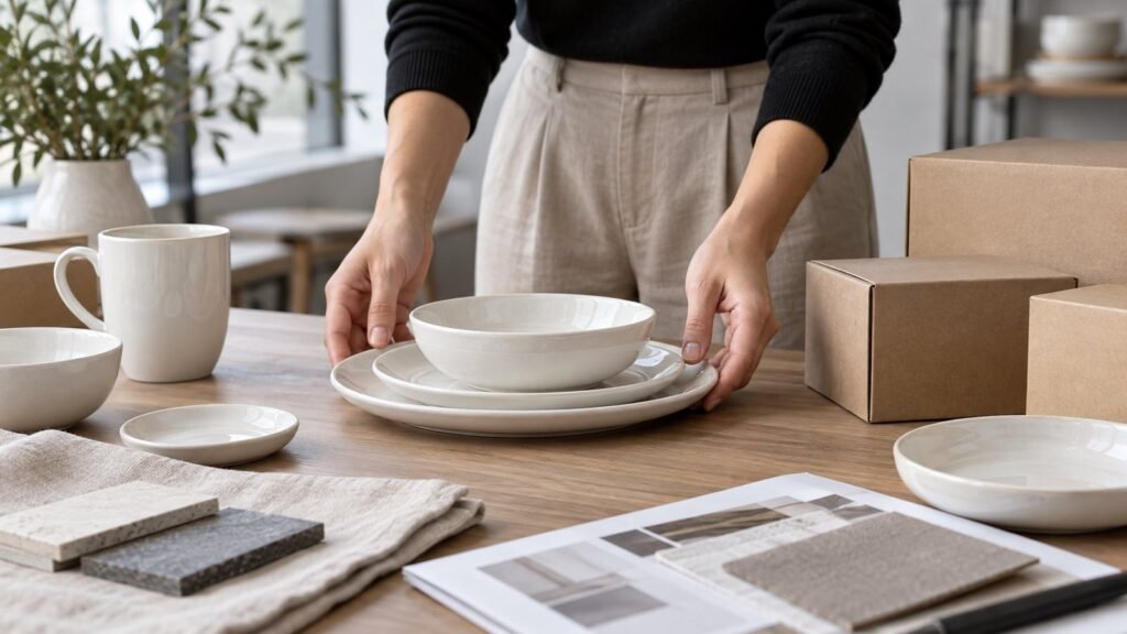 Hands reviewing a ceramic place setting beside sample boxes for repeat wholesale orders