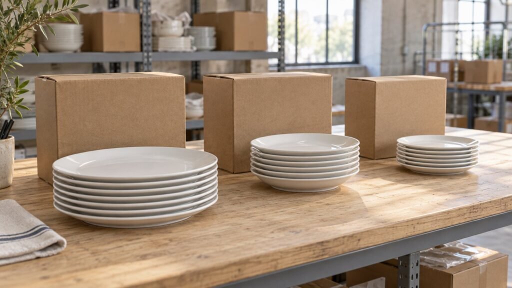 Three groups of white ceramic plates organized at a warehouse order allocation bench