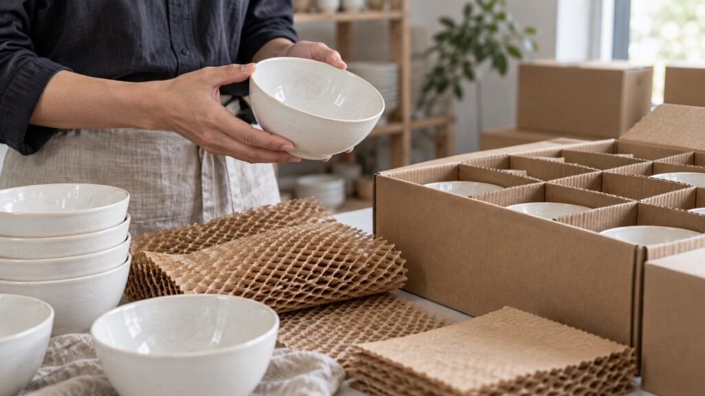 Hands reviewing ceramic sample quality beside organized packing materials for repeat orders