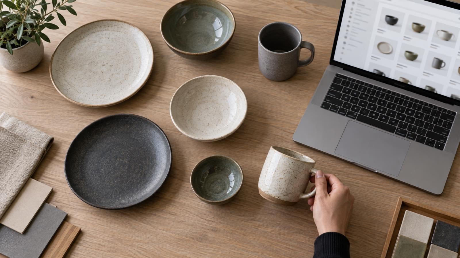 Ceramic tableware samples arranged beside a laptop for reviewing a supplier stock list