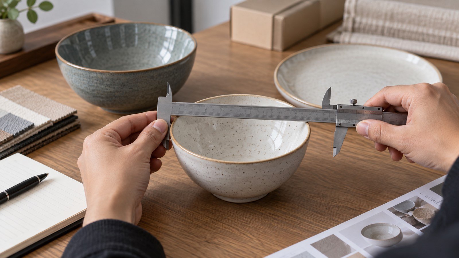Hands checking ceramic bowl dimensions while comparing samples with order information