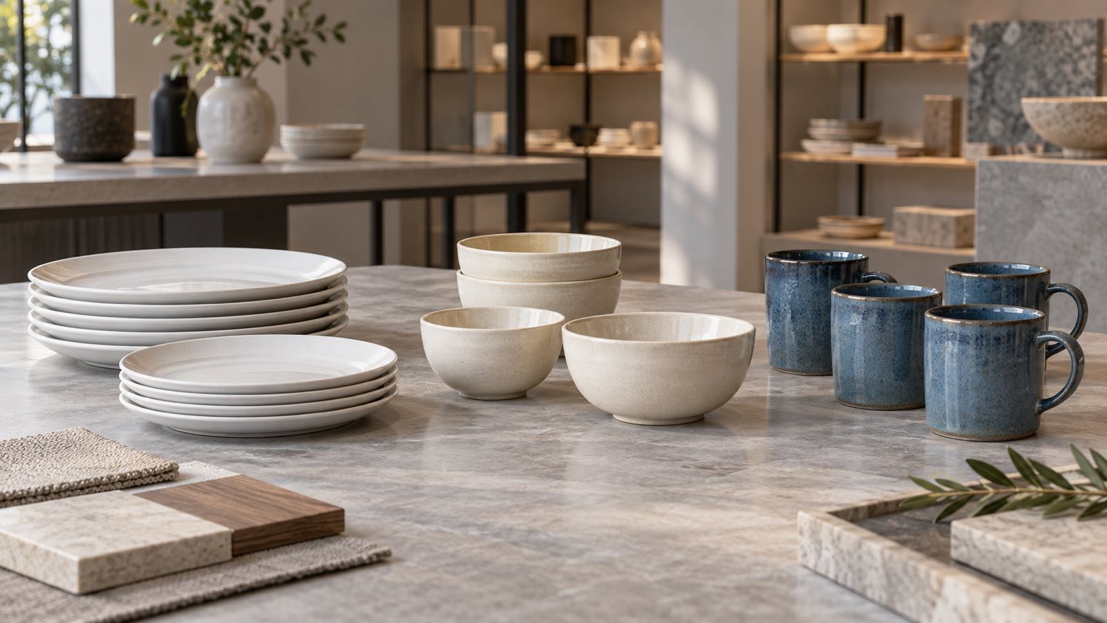Ceramic samples organized into separate approved groups on a clean purchasing review table