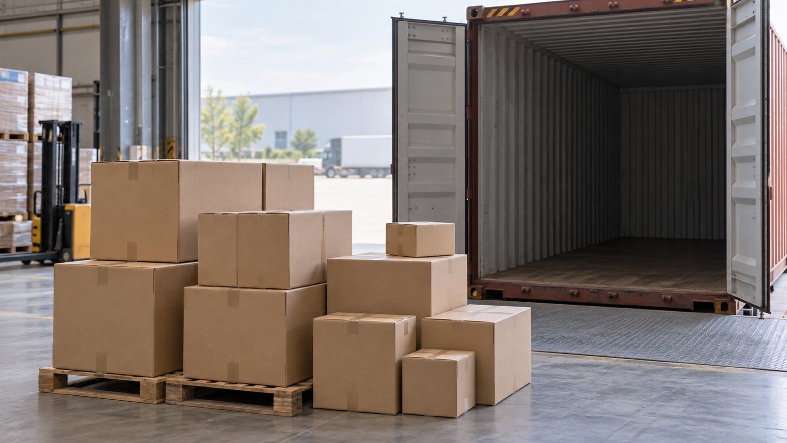 Closed ceramic tableware cartons arranged for a mixed shipment beside a loading area