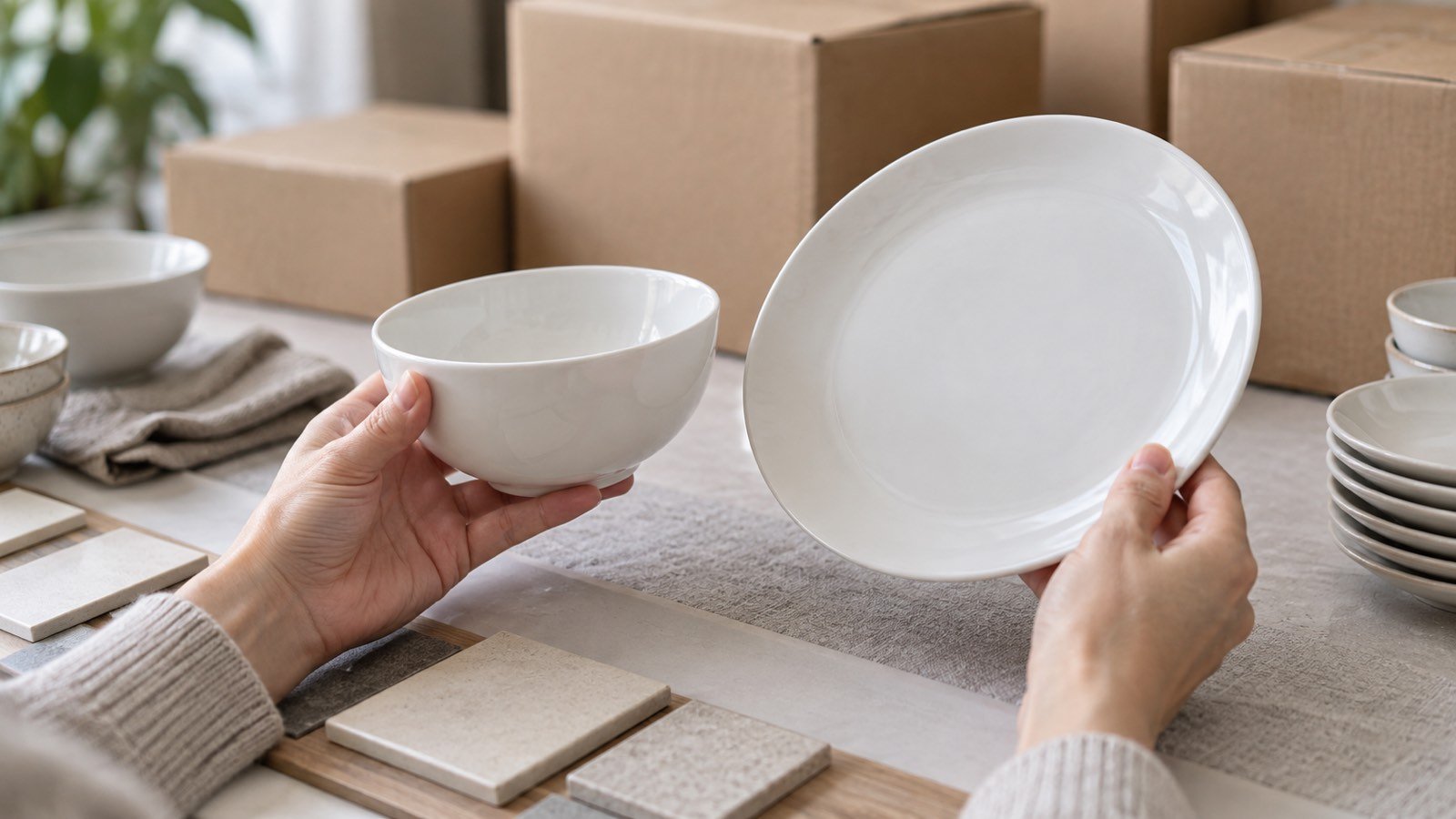 Hands comparing ceramic samples with carton groupings before mixed order approval