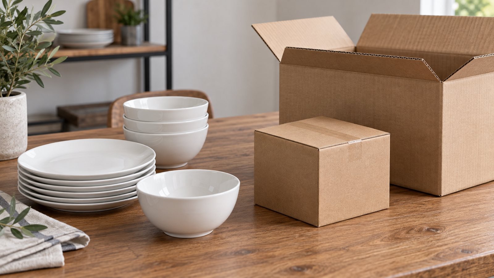 Ceramic plates and bowls displayed beside separate inner boxes and outer shipping cartons