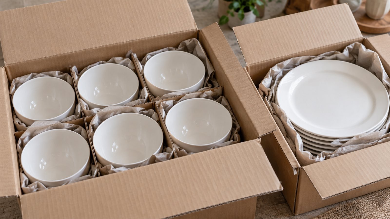 Open protective carton with ceramic bowls beside a separate packed plate carton