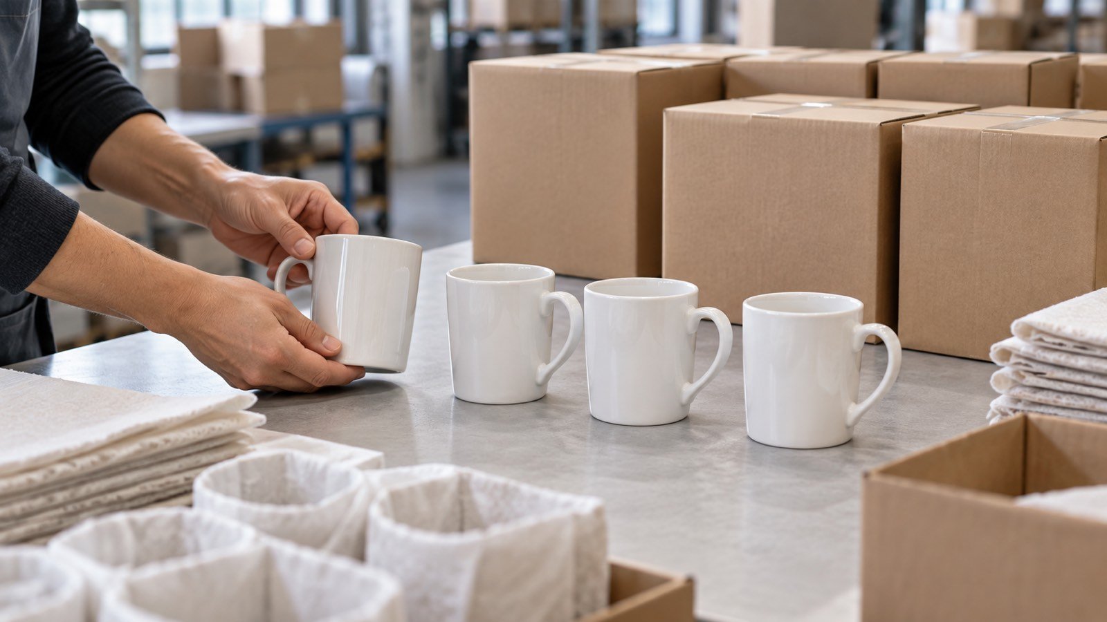 Hands counting ceramic cups beside protective packing and neatly grouped shipping cartons