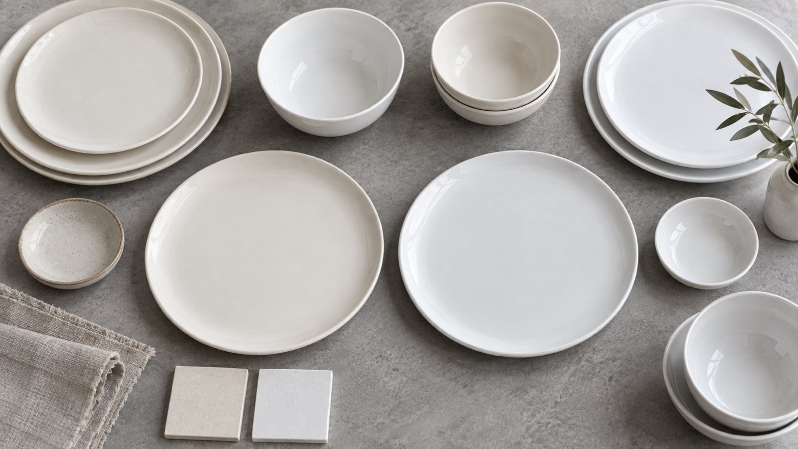 White ceramic dinnerware samples compared together on a neutral distributor selection table