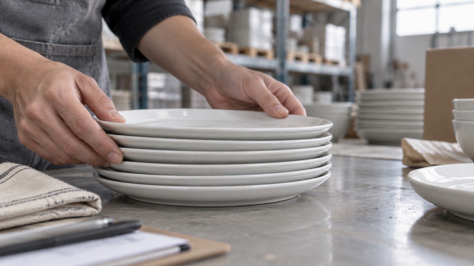 Hands assessing a small stack of white ceramic plates on a clean warehouse workbench